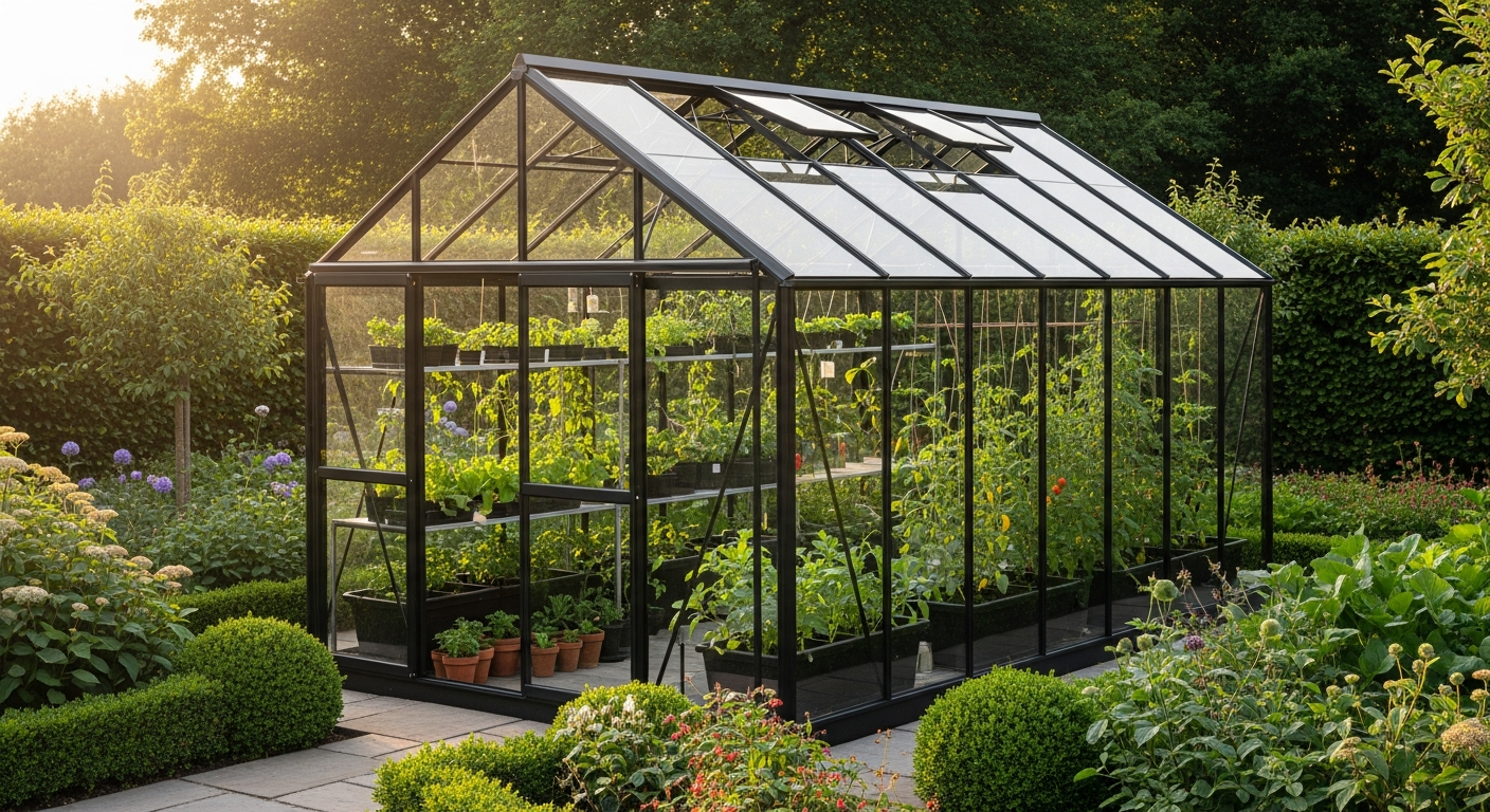Bloomcabin Aluminium Greenhouse with polycarbonate panels in modern garden setting