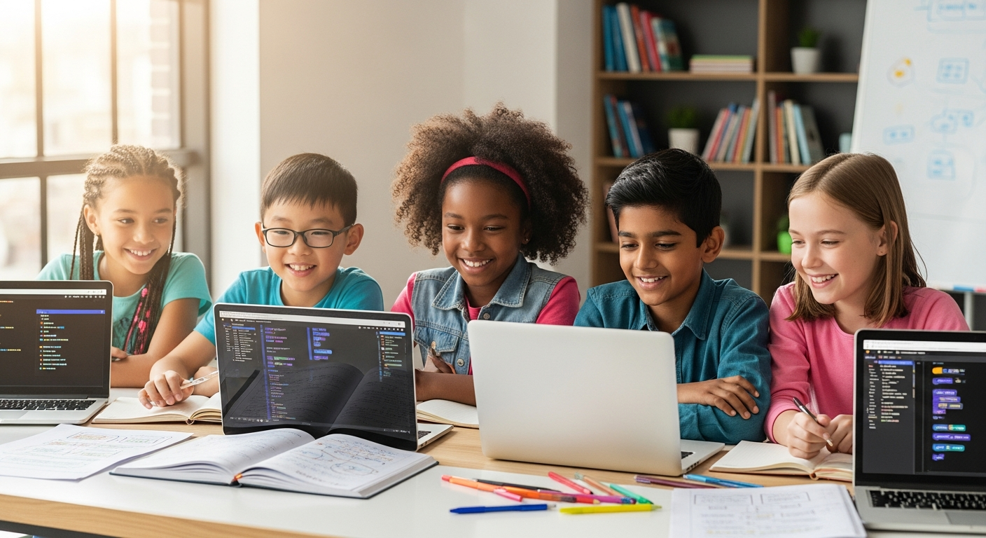 Young student smiling while coding on laptop during online programming class