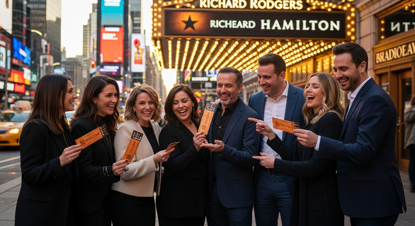 Hamilton Broadway musical cast performing on stage at Richard Rodgers Theatre