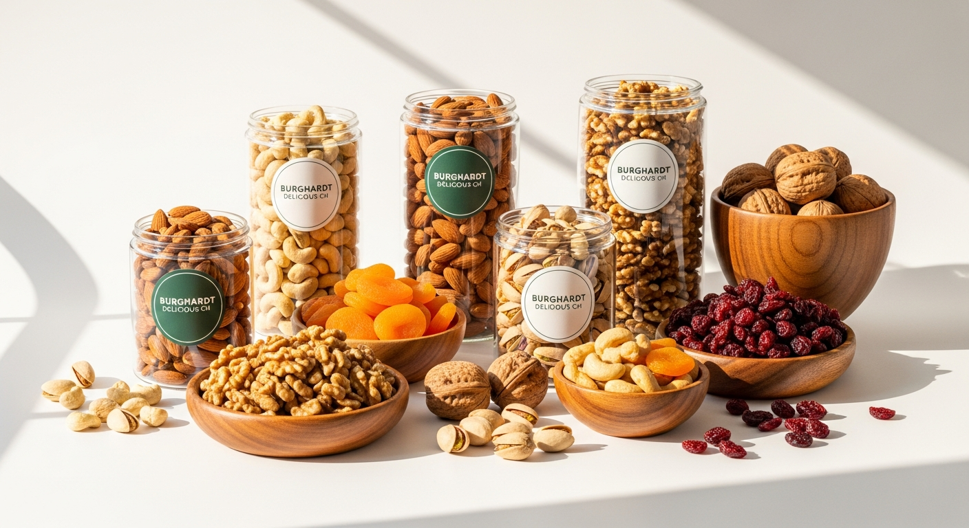 Premium roasted nut mixes in elegant glass jars with recyclable packaging