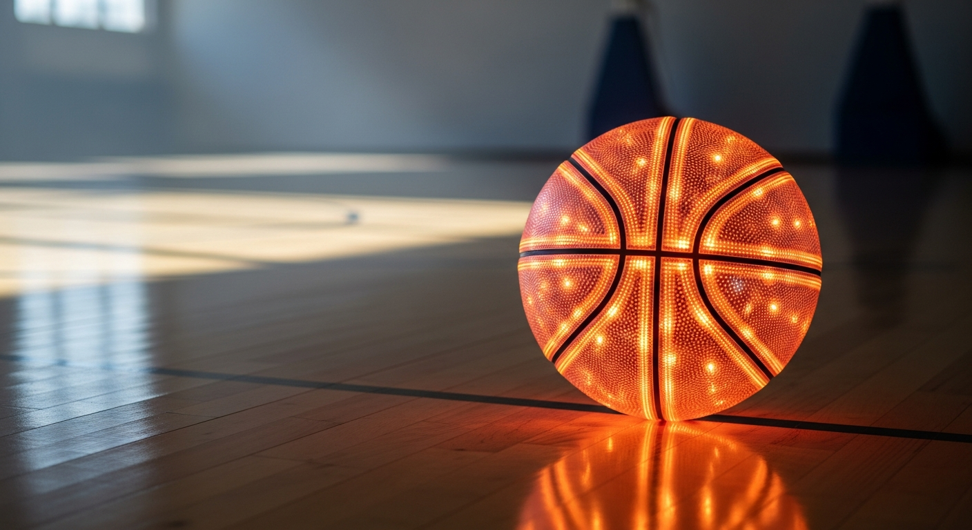 Cipton LED rechargeable basketball glowing green on outdoor court at night