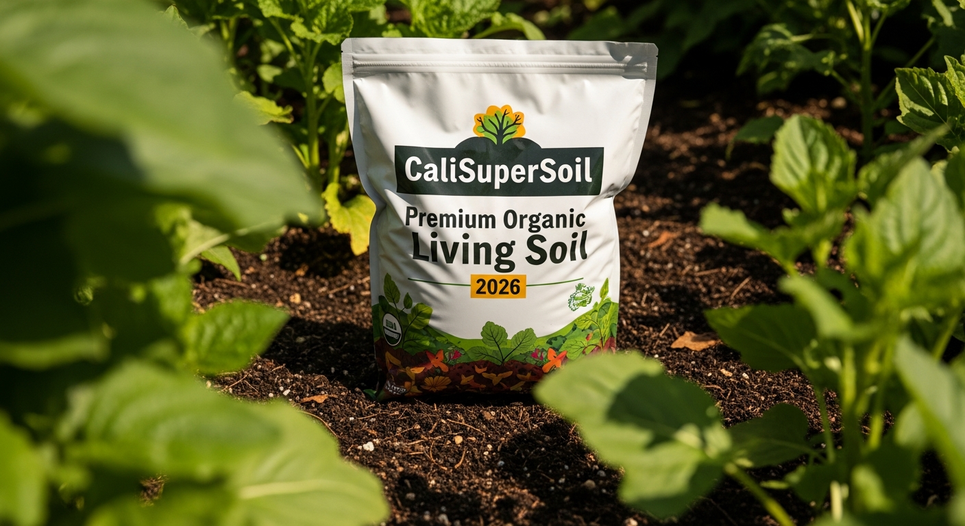 CaliSuperSoil Premium Organic Living Soil concentrate in container with expanded soil