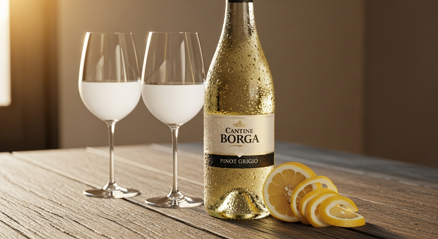 Cantine Borga Pinot Grigio Delle Venezie wine bottle on elegant table setting