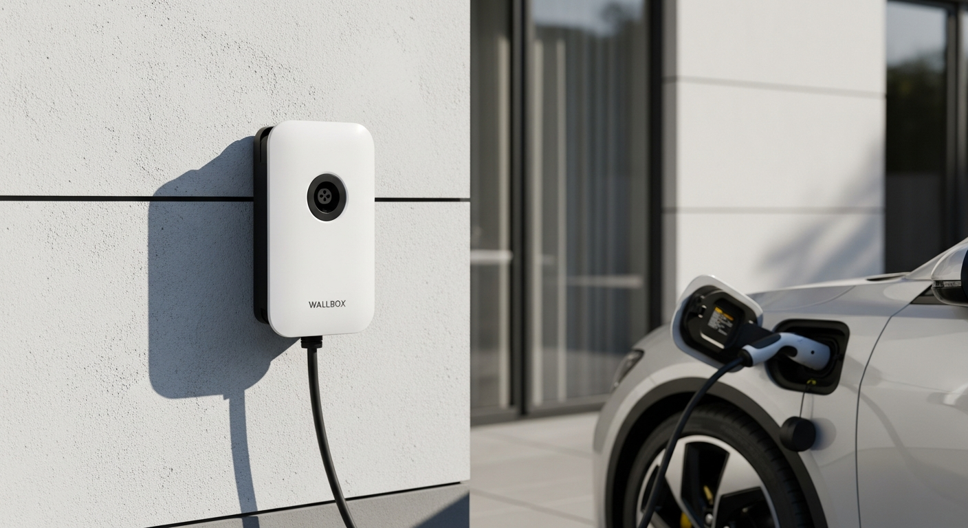 WALLBOX Pulsar Plus 7.4kW compact white EV charger mounted on garage wall