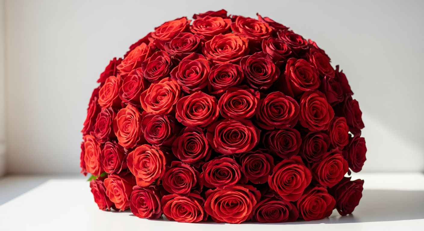 Luxurious arrangement of 200 red Naomi roses in hand-tied bouquet display