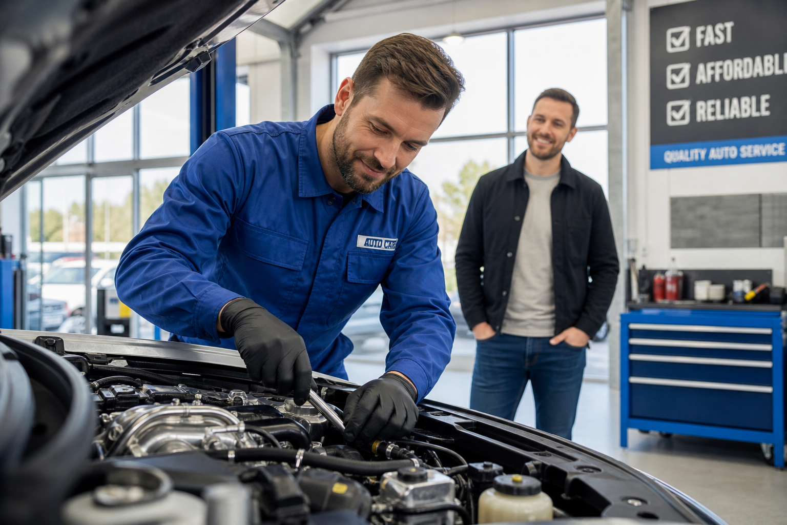 Click Mechanic mobile mechanic servicing a car at customer's home driveway location