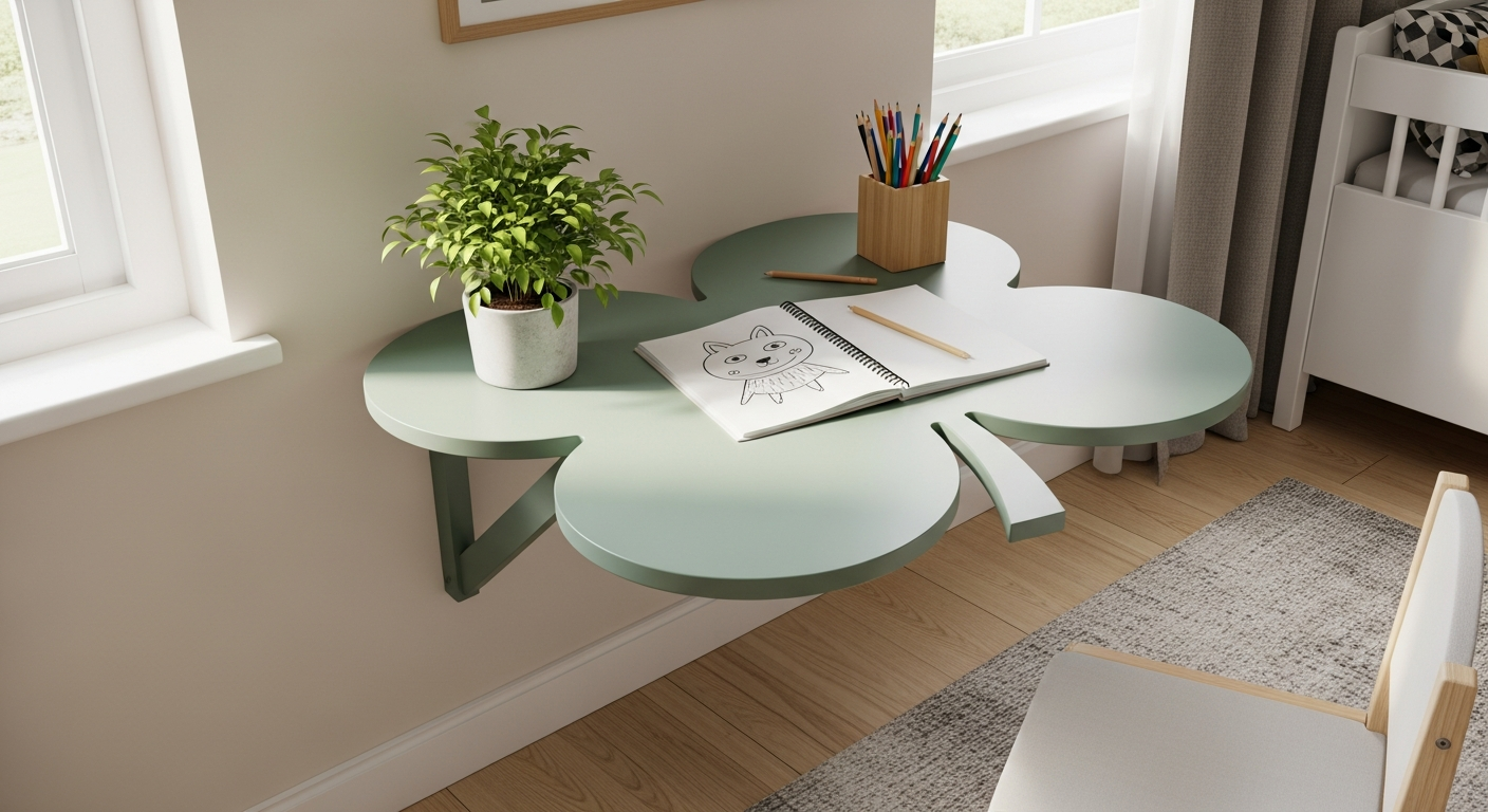 Clover Wall Desk mounted on white wall with magnetic accessories and organized workspace