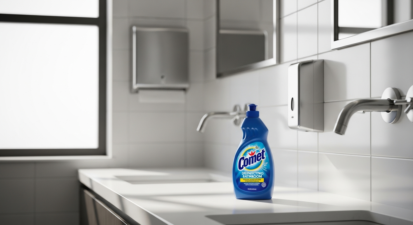 Comet Disinfecting-Sanitizing Bathroom Cleaner bottle with spray nozzle on clean bathroom tile surface