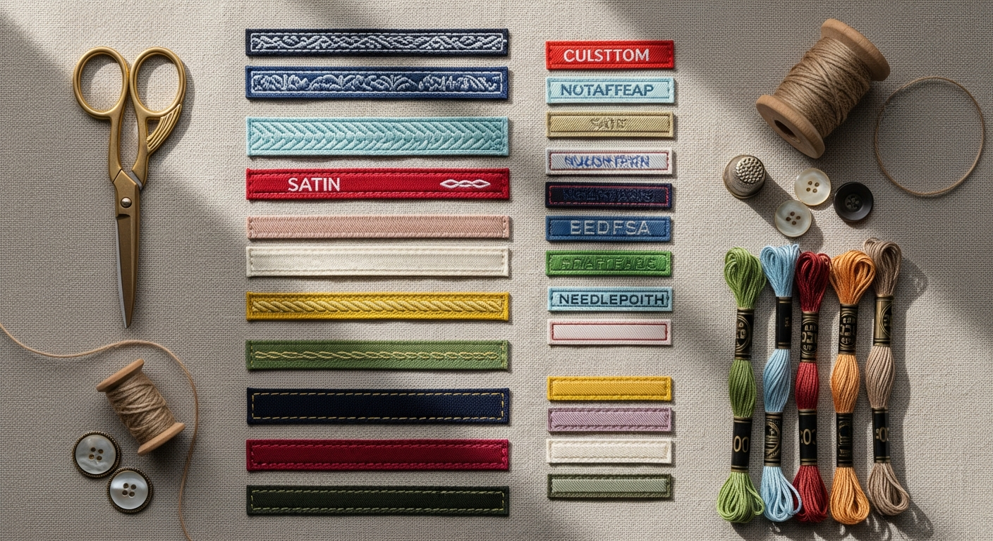 Professional custom woven fabric labels displayed on handmade textile products