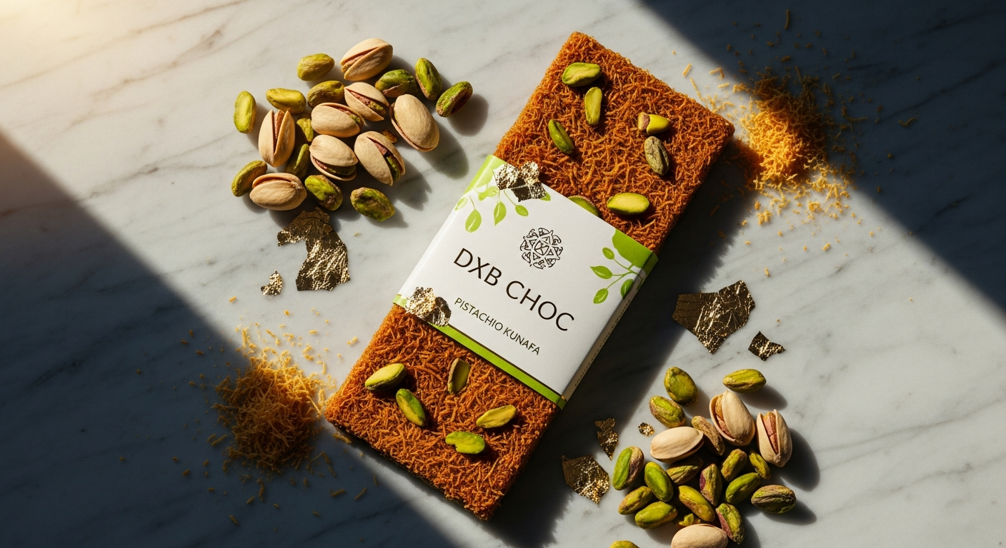 DXB CHOC Pistachio Kunafa Chocolate Bar luxury packaging and cross-section