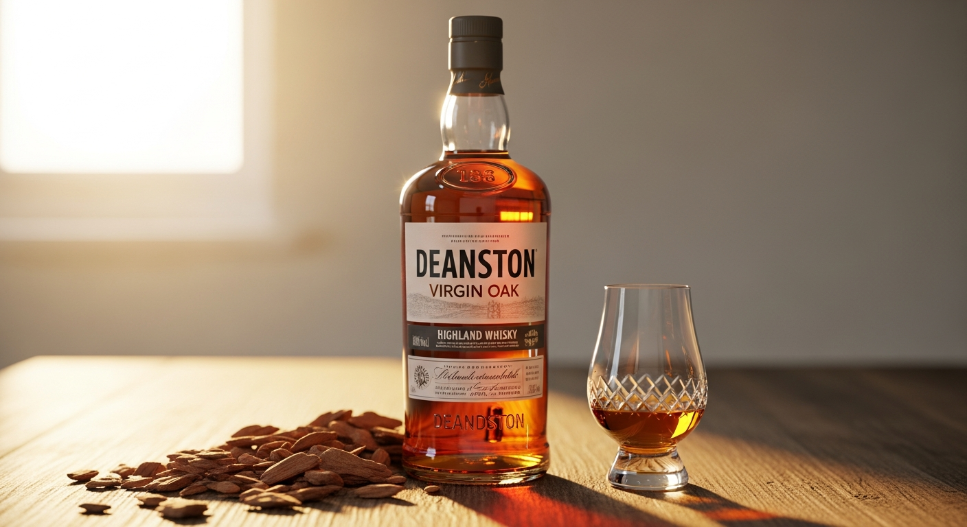 Deanston Virgin Oak Highland Single Malt Whisky bottle with golden liquid against dark background