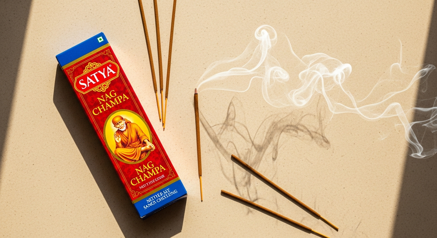 Satya Nag Champa incense sticks 15g pack displayed with burning stick
