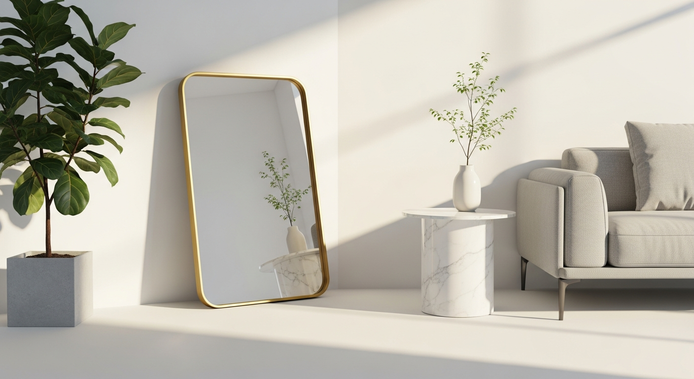 Elegant soft corner metal mirror with hand-polished frame in modern entryway