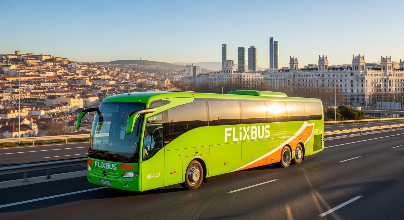 Flixbus coach bus traveling on highway between Lisbon and Madrid with passengers visible through windows