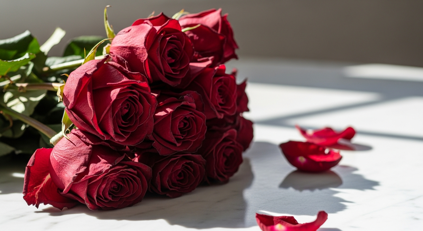 Classic red roses bouquet arrangement with wilted petals showing delivery damage