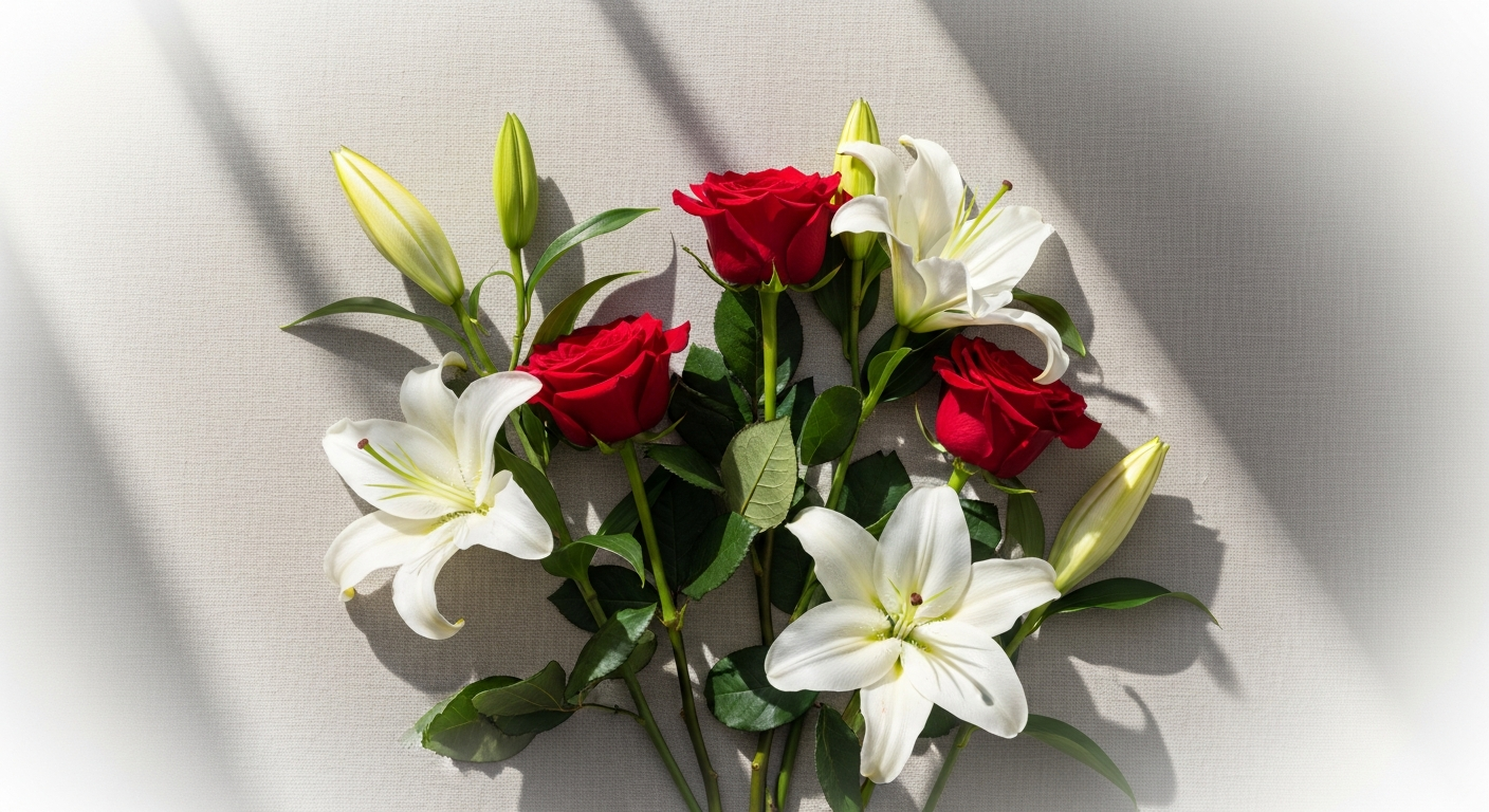 Pink and white roses and lilies bouquet arrangement in elegant packaging