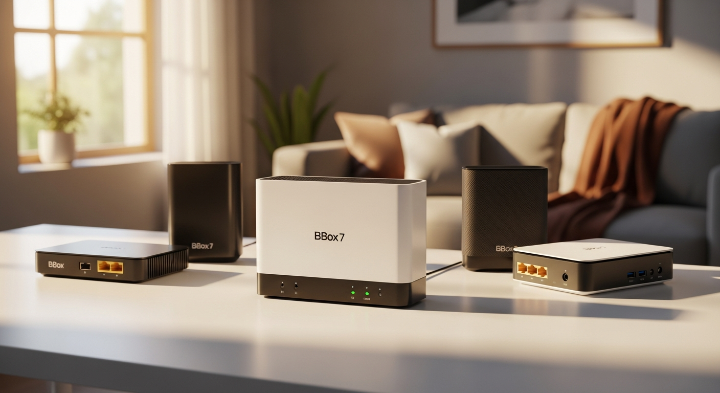 BBox WiFi 7 gateway models comparison showing three Bouygues Telecom router variants