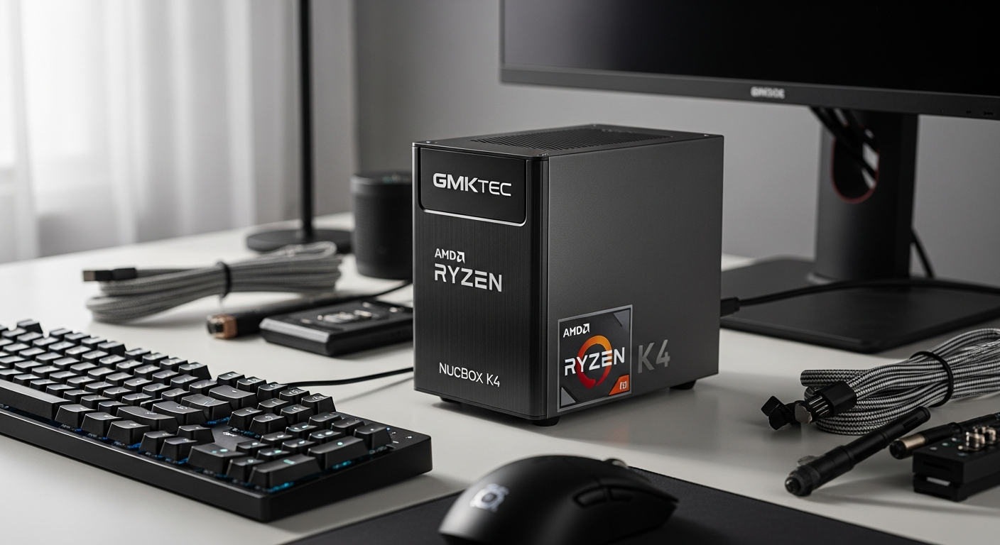 GMKtec NucBox K4 compact mini PC with AMD Ryzen processor displayed on desk