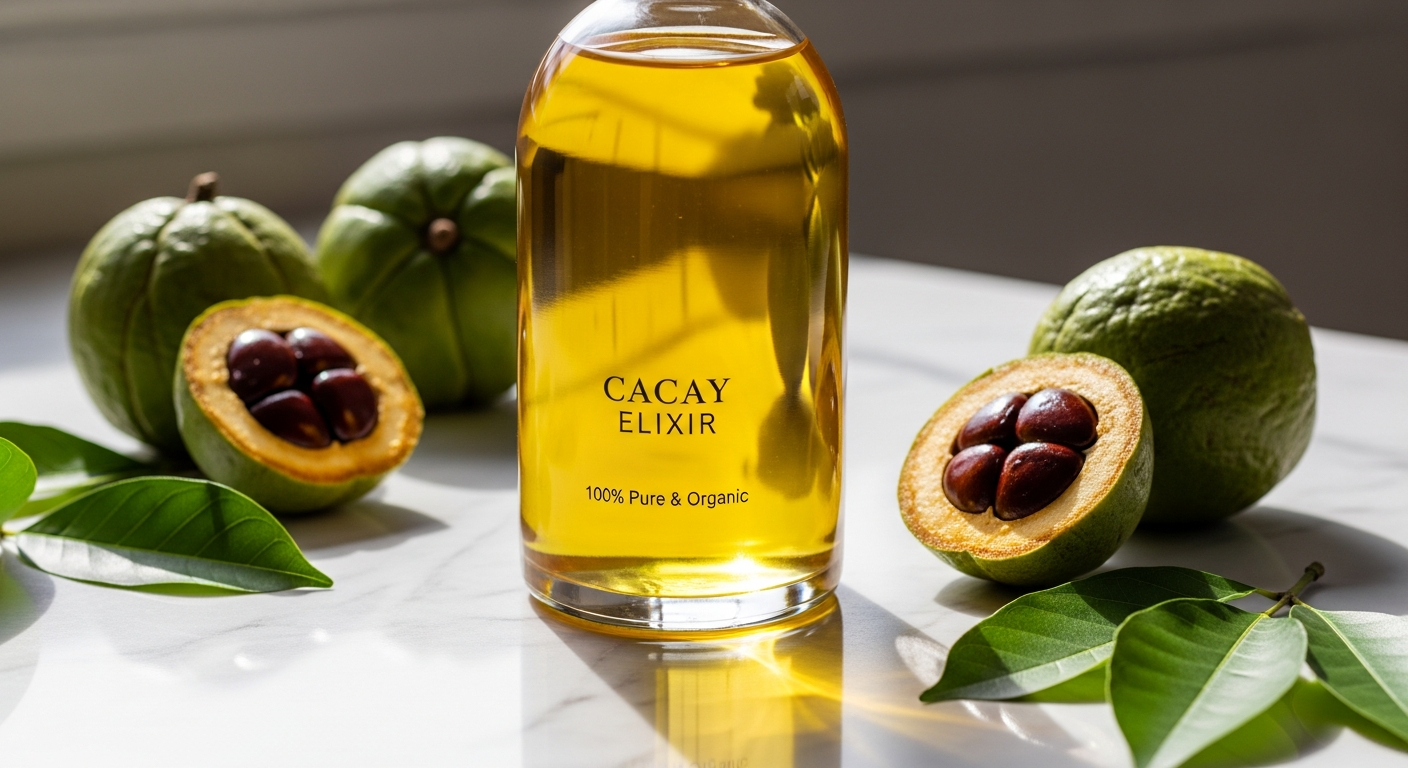 Green Keratin Precious Cacay Facial Elixir bottle with Amazonian botanical ingredients displayed