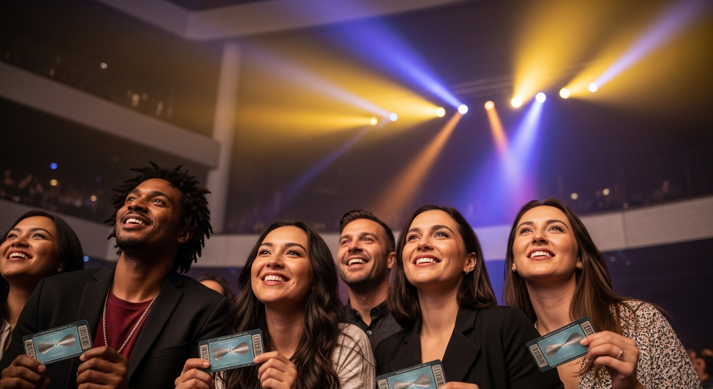 Person holding premium event tickets at a sold-out concert venue entrance