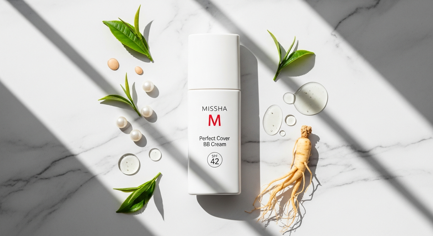 Missha M Perfect Cover BB Cream SPF 42 PA+++ tube and swatch on skin showing coverage