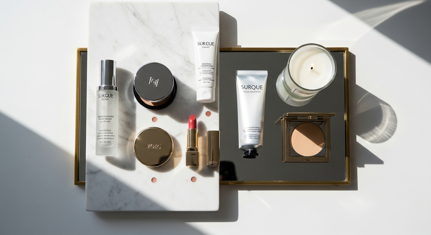 Luxury beauty products displayed on elegant white marble surface with soft lighting