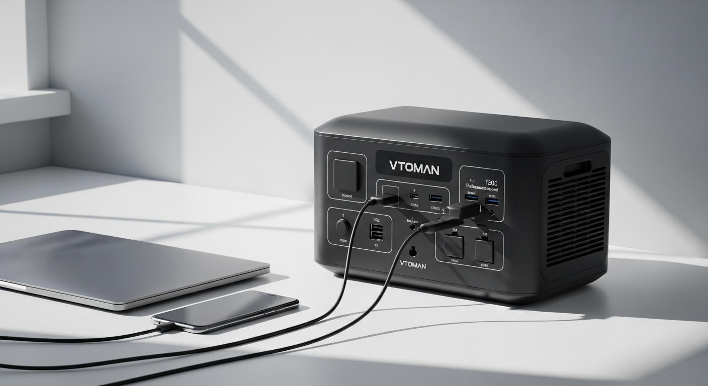 VTOMAN FlashSpeed 1500 portable power station with multiple charging ports and display screen