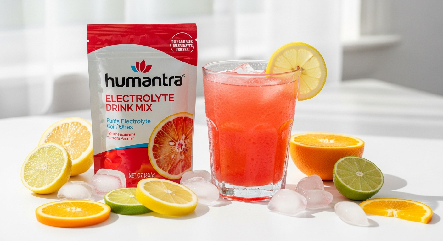 Humantra Electrolyte Hydration Drink Mix sachets with fresh fruits and water glass