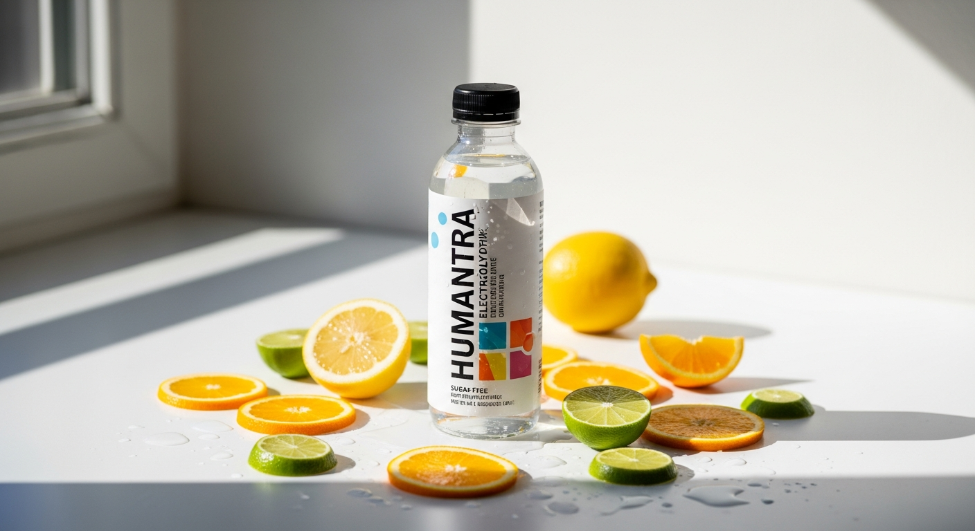 Humantra Electrolytes sugar-free hydration mix sachet with water glass