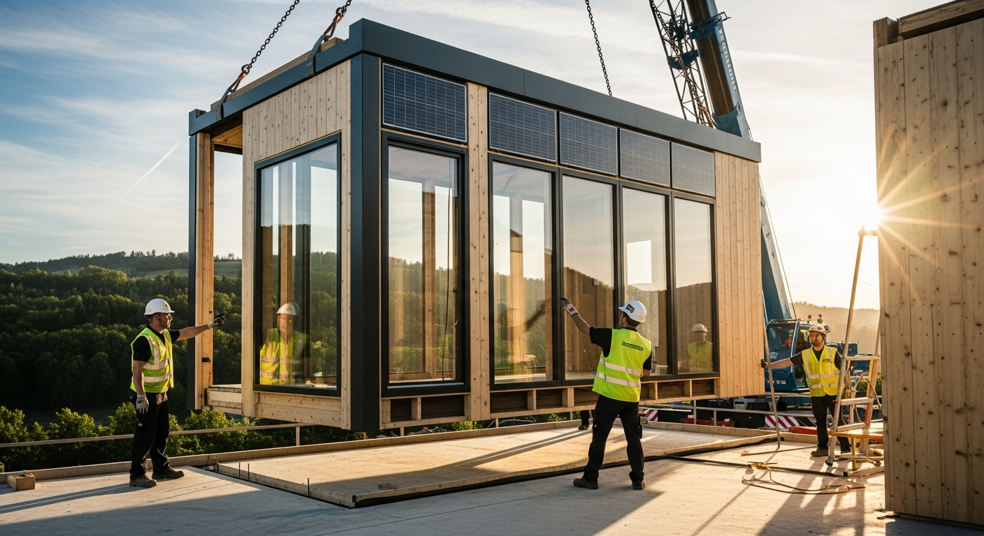 InstaHouse Panel Modular House construction showing factory-built precision and rapid on-site assembly process