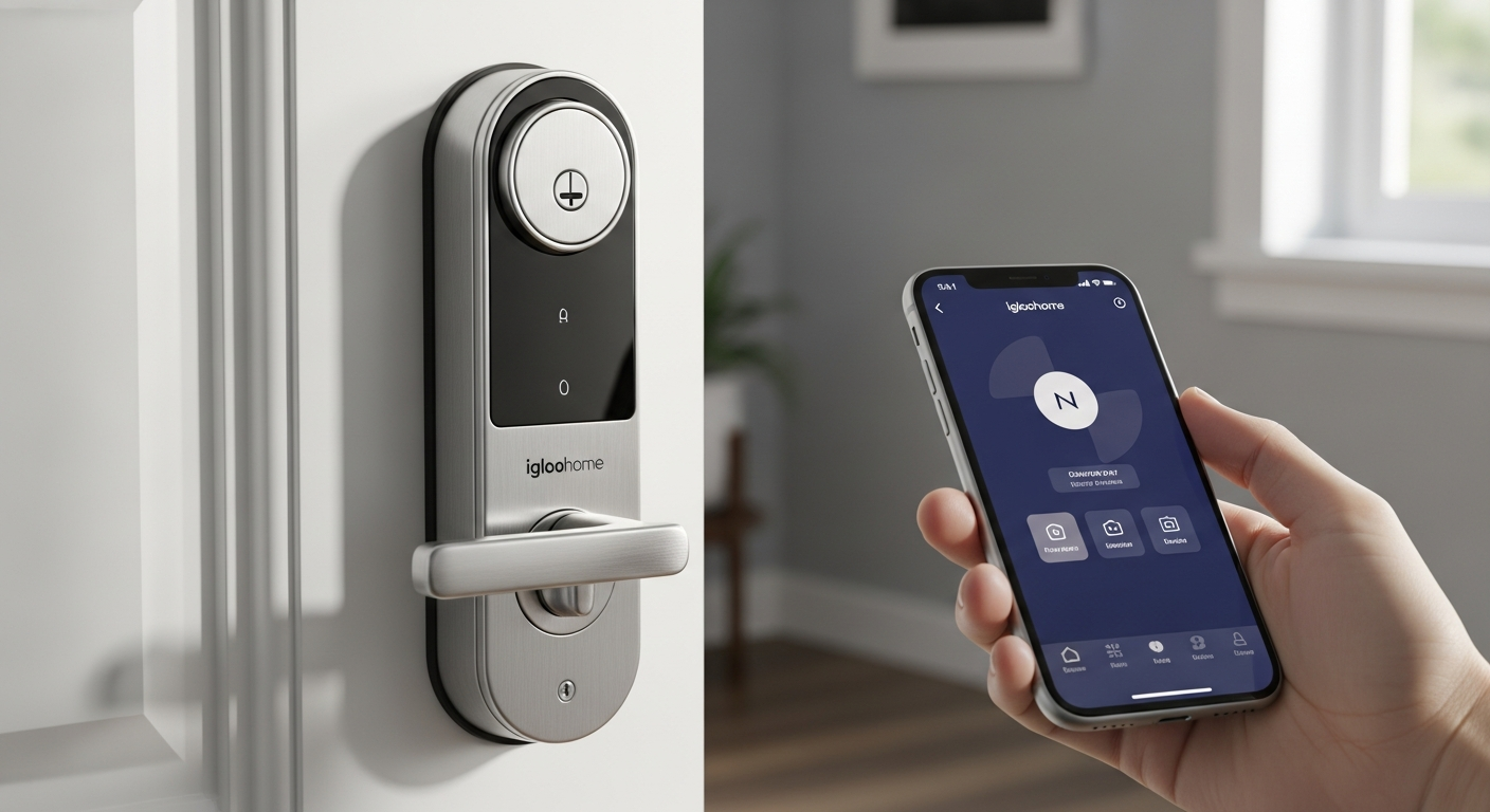 Igloohome Smart Deadbolt 2S keyless lock with slim aluminum design on wooden door