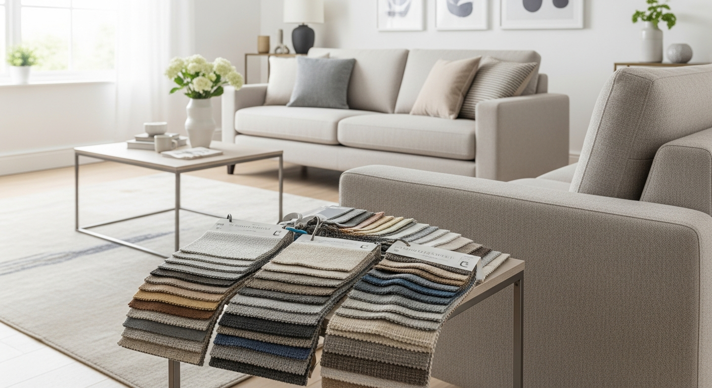 Beatrix Fabric Sofa Collection in modern living room with custom upholstery
