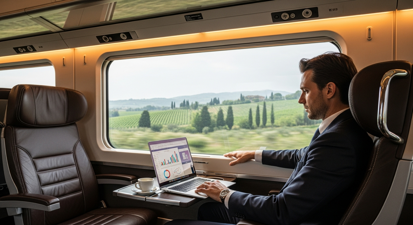 Italo Prima Business Class train interior with comfortable leather seating