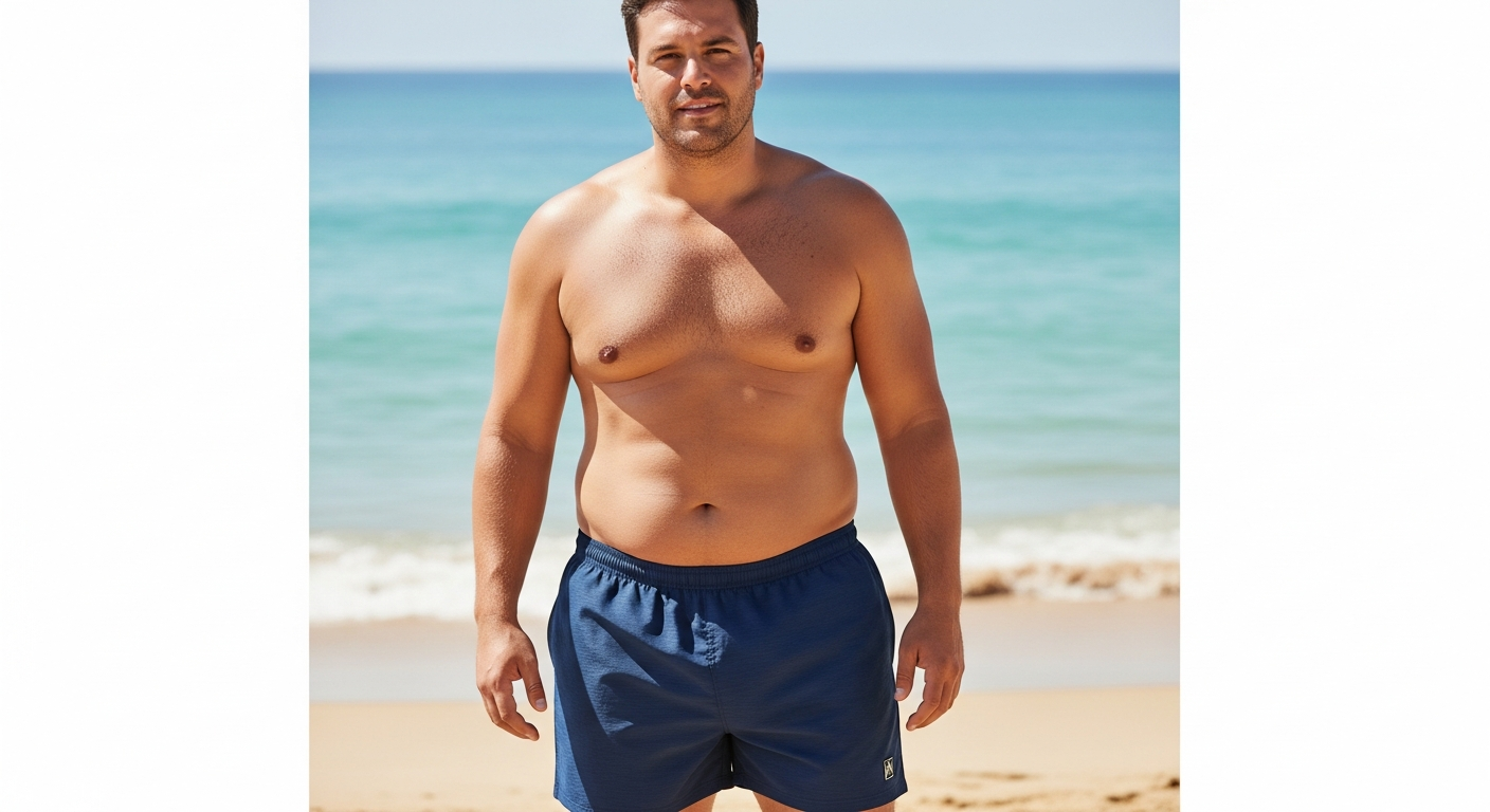 Plus-size man wearing JP1880 Quick Dry Swim Trunks at beach