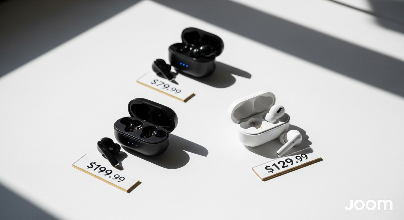 Wireless Bluetooth earbuds with charging case displayed on white background