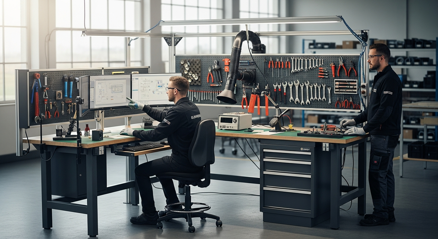 Eurokraft Pro Industrial Workbench System with integrated power blocks and modular storage in multi-station manufacturing environment