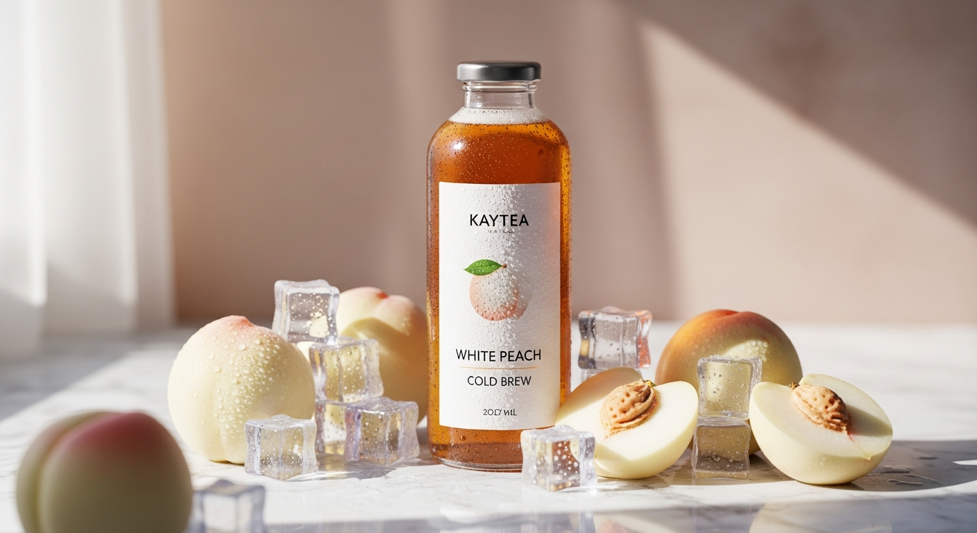 Kaytea White Peach Cold Brew Iced Tea can displayed with fresh peach slices