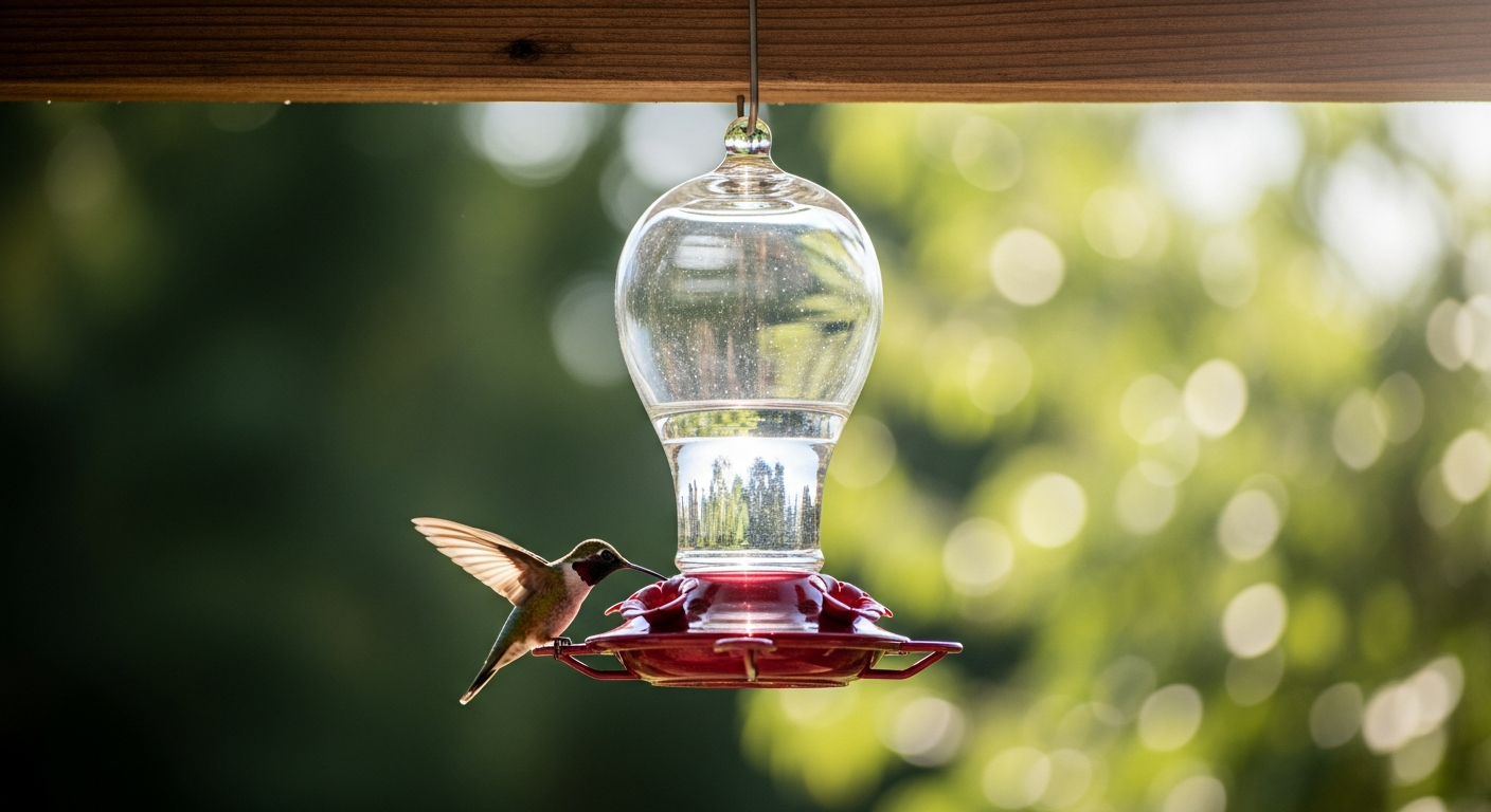 Kingsyard 16oz Glass Hummingbird Feeder with glass nectar reservoir and multiple feeding ports for outdoor bird feeding.