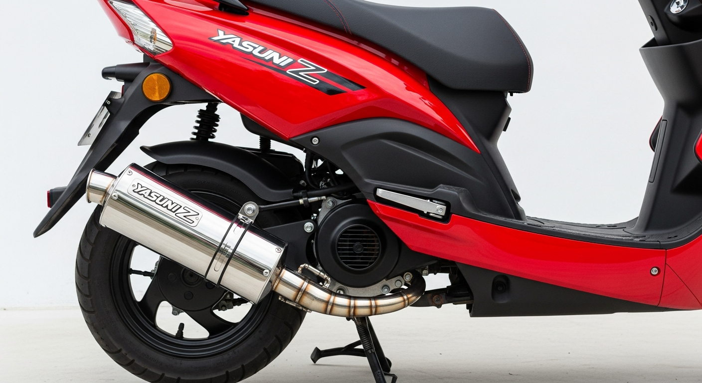 Yasuni Z exhaust pipe installed on a 50cc motorcycle showing hand-welded steel expansion chamber