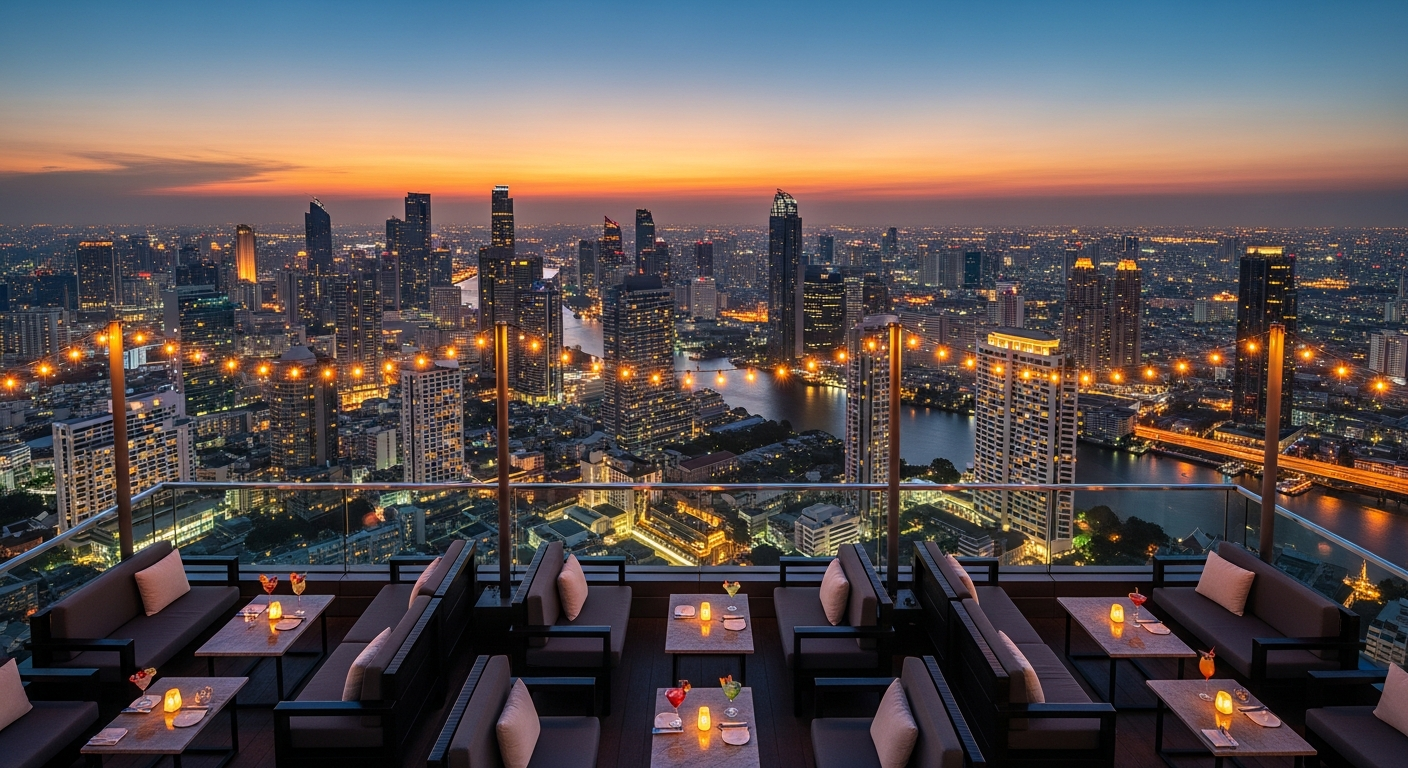 Aerial view of Sky Bar at Lebua Bangkok rooftop with city lights and Chao Phraya River