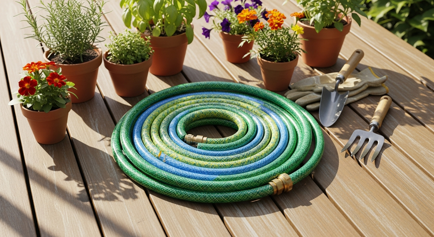 LIVLIG Design Garden Hose in Scandinavian colors coiled on modern garden patio