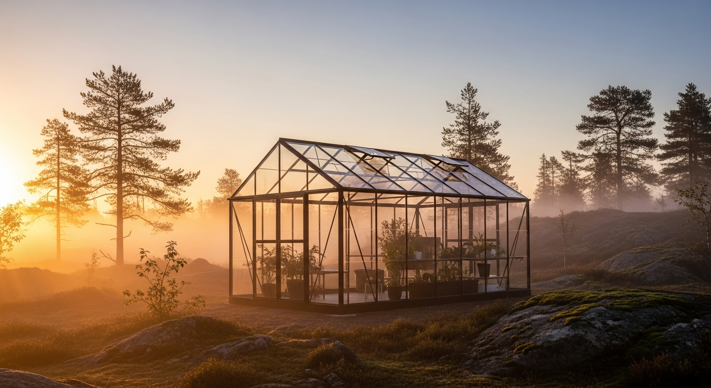Luxvinduer aluminum greenhouse structure in snowy Nordic winter landscape