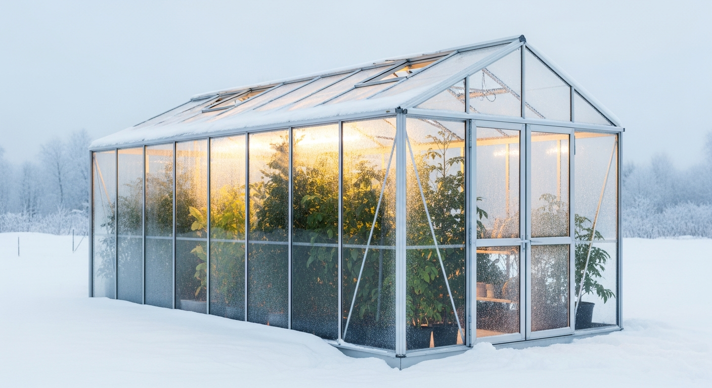 Modern aluminum greenhouse with tempered glass panels in Nordic garden setting