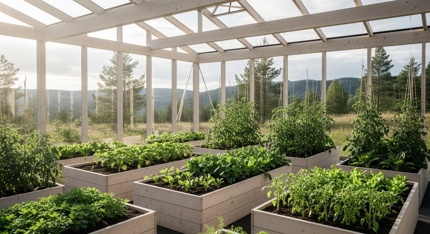 Lyxfönster Premium Aluminum Greenhouse in snowy Nordic winter garden setting