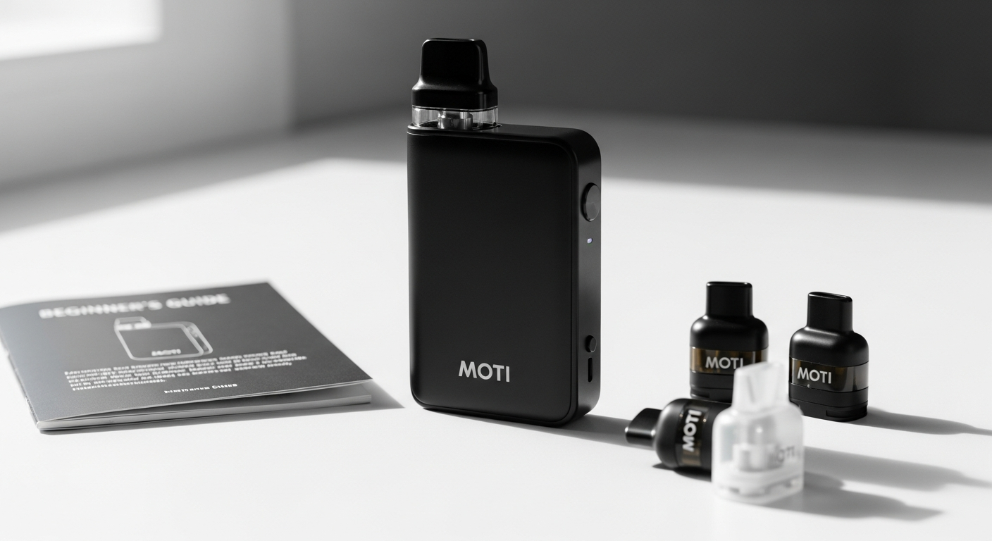 MOTI Pod Kit vape system with refillable pods and charging cable displayed
