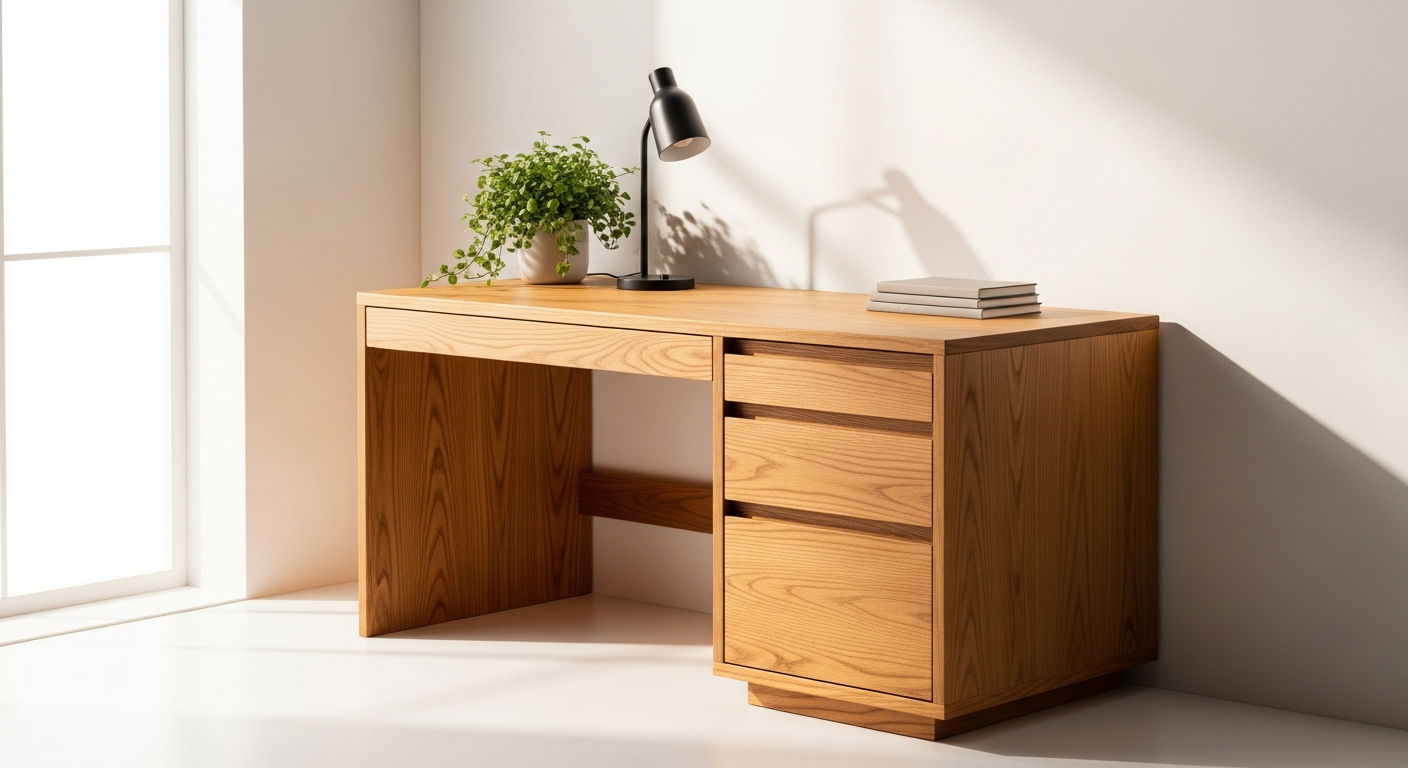 Bureau Spring 3 Tiroirs Scandinave white desk with natural wood legs and three drawers