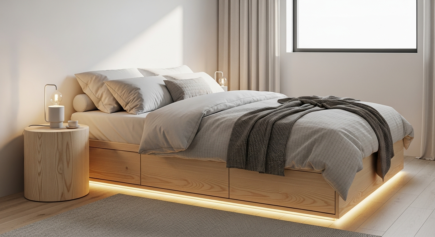 Beige Maisons du Monde Cozy Storage Bed in modern bedroom with neutral décor