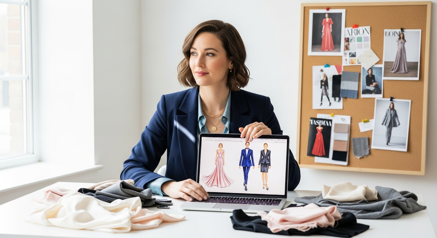 Fashion stylist arranging clothing on a rack in a modern studio setting