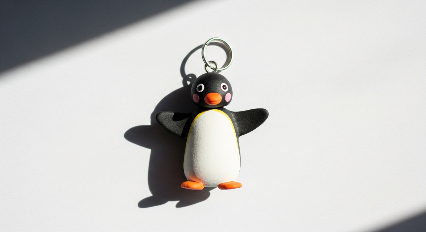 Hand-painted Pingu Penguin Charm Ceramic Necklace with vibrant blue black red beads