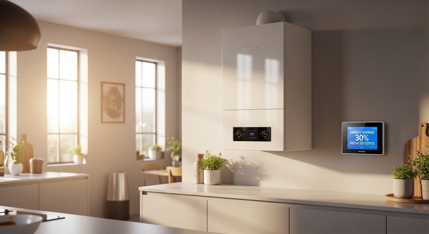 Modern high-efficiency condensing gas boiler system installed in a residential home heating setup